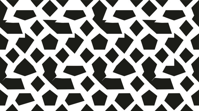 Geometric seamless pattern featuring repeating black pentagons and diamond shapes on a clean white background, for textile and, wallpaper prints