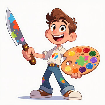 Vibrant cartoon painter with huge palette knife standing on white background.