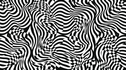 Fototapeta premium Abstract black and white seamless pattern featuring wavy distorted checkerboard lines creating a hypnotic optical illusion effect