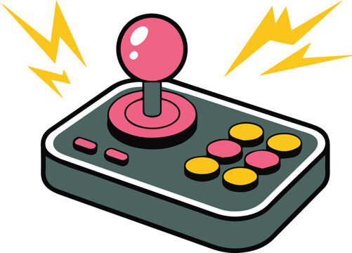Arcade game joystick controller with colorful buttons and lightning effects