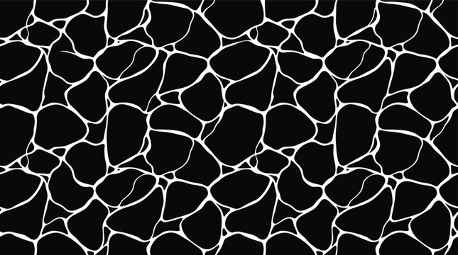 Monochrome seamless pattern with interconnected rounded dark shapes and thin white lines resembling a stone or cell texture
