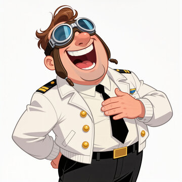A laughing pilot with gigantic goggles, dressed in a crisp white flight jacket and black tie, erupts in carefree laughter on a white background.