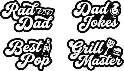 Set of four fun fatherhood themed typography labels with cute including sunglasses microphone soda bottle and grill spatula © Sifat