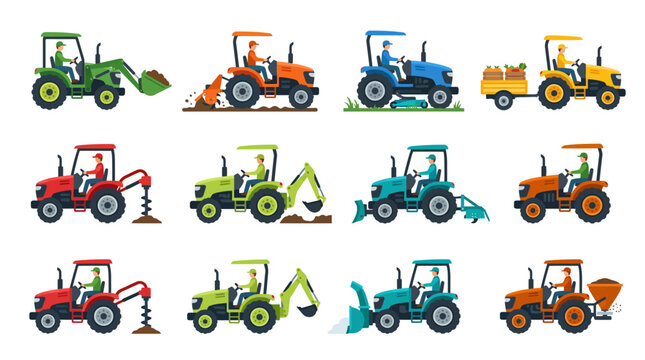 Set of Industrial Compact Tractors with Agricultural Attachments for Farming and Construction Work