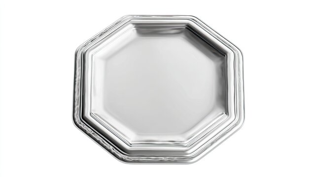 Gleaming octagon-shaped silver platter with ornate rim, reflecting light