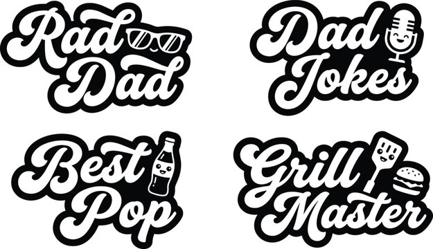 Set of four fun fatherhood themed typography labels with cute including sunglasses microphone soda bottle and grill spatula