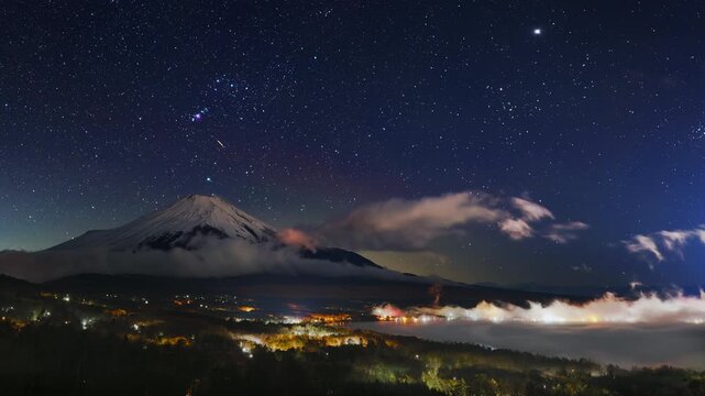 (SDR 709)Time Lapse - Orion Setting Behind Snow-Capped Mount Fuji from Foggy Lake Yamanaka  Astrophotography Japan.  &ndash; Fixed Black Crush, Noise Reduced &ndash; 3/3 CloseUp -