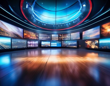 abstract blurred studio view at tv station concept modern television studio with vibrant lighting and multiple screens