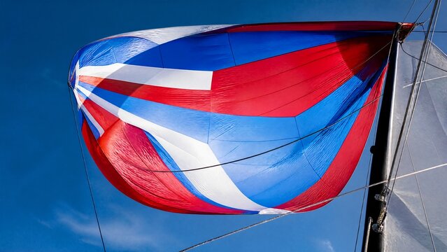 Colorful spinnaker sail billowing in strong wind against a clear sky.
