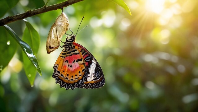 Butterfly emerging from chrysalis symbolizing transformation in a natural setting.