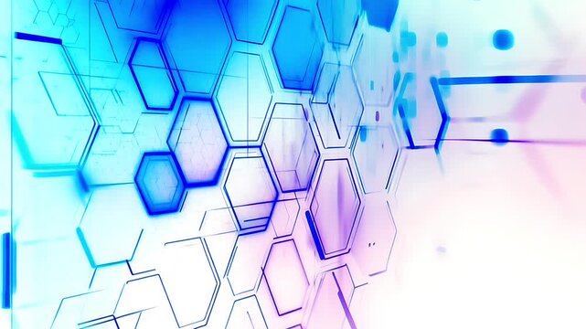 Abstract digital background with blue and purple glowing hexagonal geometric shapes.