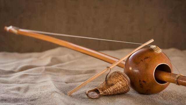 A single traditional berimbau instrument resting on textured fabric in soft natural light.