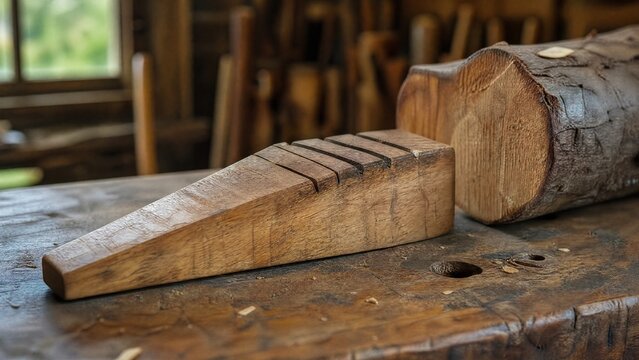 Wooden splitting wedge on a workbench next to a log, tool detail.