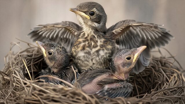 A nest of fledgling birds, one stretching its wings in morning light.