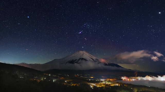 (SDR 709)Time Lapse - Orion Setting Behind Snow-Capped Mount Fuji from Foggy Lake Yamanaka  Astrophotography Japan.  &ndash; Fixed Black Crush, Noise Reduced &ndash; 2/3 CloseUp -