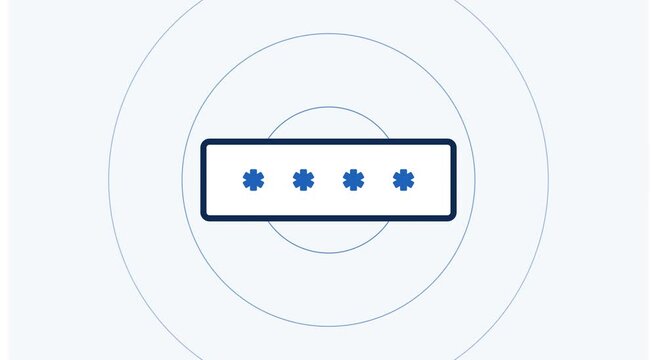 Digital password security animation with pulsing signal rings and asterisk input field animation