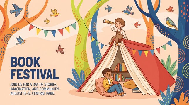 Book festival concept. Little girl reading in the open huge book, opened as a home. Fantasy, adventures and Imagination concept design. Vector illustration, poster