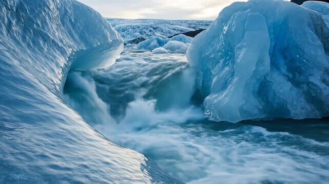 Rushing glacial river flowing between massive blue ice formations