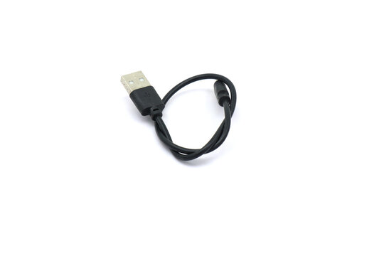 A black USB cable on a white background. A USB cable for data transfer.