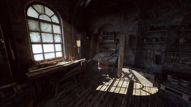 sunlit arched window illuminating dusty bench, scattered tools and cobwebbed shelves, weathered floorboards and timber beams, warm glow casting cinematic