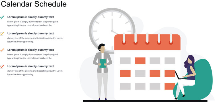 Calendar schedule infographic template with business people planning time management layout and checklist