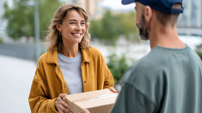 Middle aged woman receiving package from delivery person outdoors