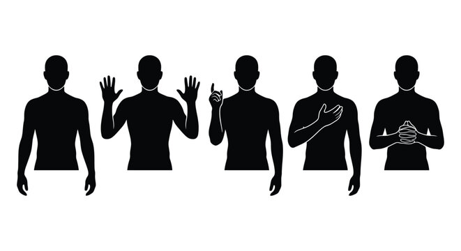 Set of silhouettes of a man showing different hand gestures and poses