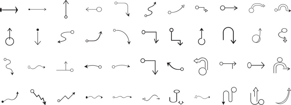 Flow arrow vector set with connector arrows, direction symbols and navigation icons isolated white.