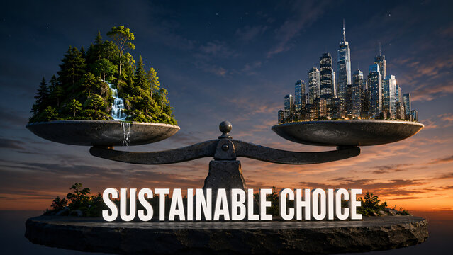 "SUSTAINABLE CHOICE" text underneath a large scale balancing a green forest island and a modern city skyline at sunset