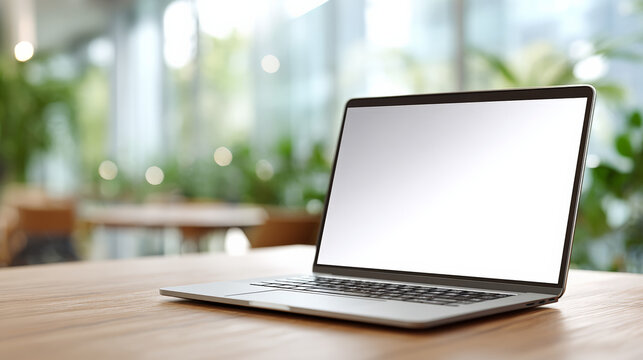Laptop open showing blank screen on wooden table in office