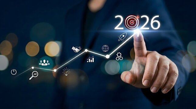Business growth targeting 2026 with digital strategy and innovation. Icons represent progress, goals, and success in the future.