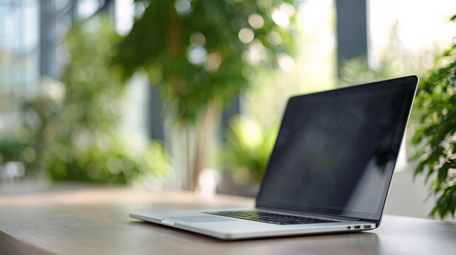 Laptop resting on wooden table in bright office setting
