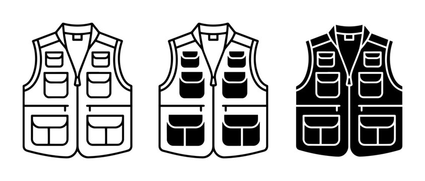 Fishing Vest Icons, Outdoor Gear Vector Set, Multi-Pocket Utility Vest Graphics