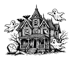 Naklejka premium Spooky haunted mansion with flying ghosts and bats, featuring a cracked tombstone illustration, perfect for Halloween themes