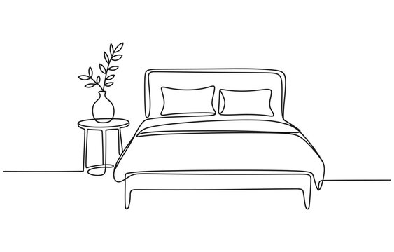 Continuous one line drawing of double bed with pillows and table with vase and plant.