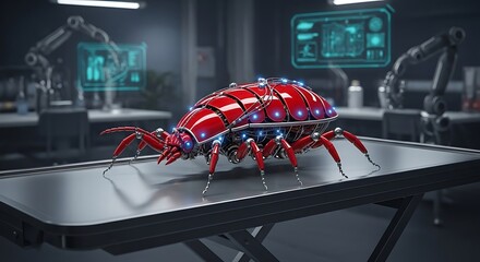 Naklejka premium Futuristic robotic Red tick on laboratory table