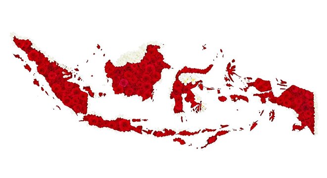 Detailed map outline of the Indonesian archipelago, highlighting its numerous islands in a vibrant red color against a white background.
