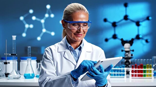 Professional female scientist in a modern lab using a tablet for research, analyzing data, and leveraging digital technology for scientific innovation, biotechnology, and medical advancements.