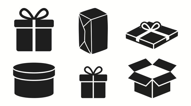 Set of gift box and package icons in black silhouette