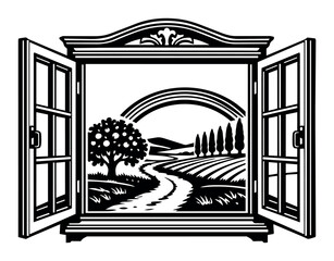 Fototapeta premium Open window framing a beautiful countryside view with a winding path, fields, hills, and a rainbow