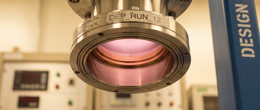 Semiconductor plasma deposition vacuum chamber with glowing pink glow inside steel flange for nanotechnology research, chemical vapor deposition CVD process under cleanroom laboratory conditions.