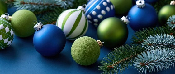 Obraz premium A beautifully arranged assortment of green and blue decorative Christmas baubles, showcasing unique textures and patterns that enhance the festive atmosphere for the season.