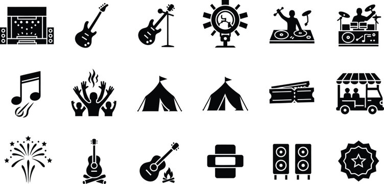 Live music festival and outdoor concert glyph icons set representing rock band stage dj performance camping tents and entertainment concepts