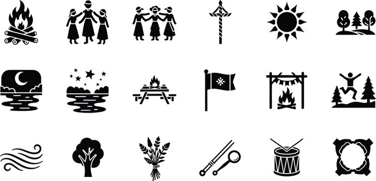 Midsummer festival and outdoor camping glyph icons set representing traditional dancing bonfires summer solstice nature and pagan celebration concepts