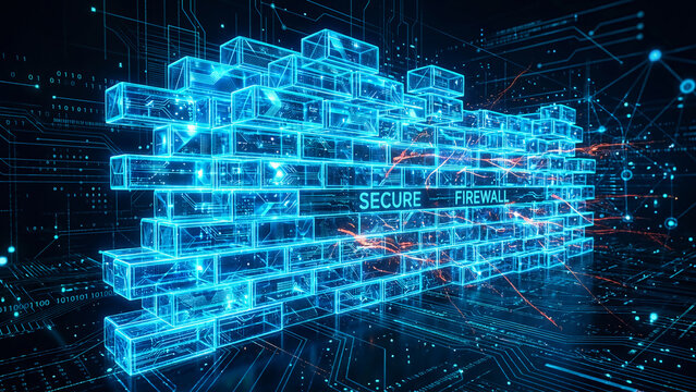 Digital security concept with glowing blue bricks.