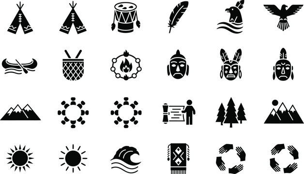 Native American culture and indigenous heritage glyph icons set representing traditional tribal teepees masks shaman rituals and nature elements