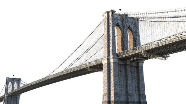 Brooklyn Bridge with stone towers and steel cables isolated on transparent background.