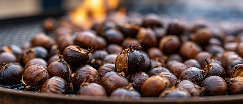 A rich and warm image of chestnuts being roasted over an open flame, evoking a cozy atmosphere and the comfort of traditional outdoor cooking experiences.
