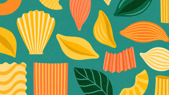 Colorful pasta shapes and leaves on a teal background.