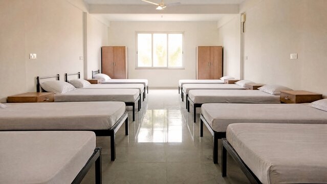 Neatly arranged dormitory beds with white sheets and soft morning light.